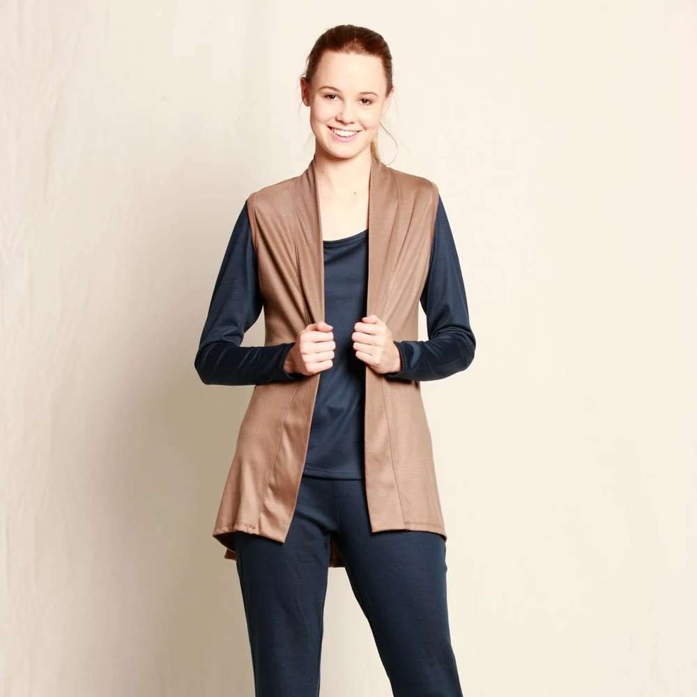Merino Country Short Swing Vest Taupe Brown Wool Open Front Draped Australia Sml